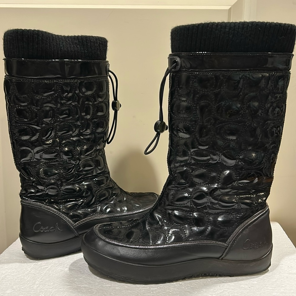 Coach womens patent leather winter boots fleece lined sock detail size 7 black